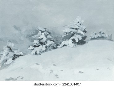 Snow  covered trees black   white painting  Gouache drawing winter landscape  The author's handmade illustration  the concept winter holidays outdoor travel  Christmas card design  Copy space