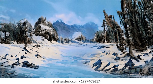 Snow-covered Valley. Oil Painting On Canvas. The Painting Is Made In The Style Of Landscapes By Thomas Cole And Frederick Church. Contemporary Art.