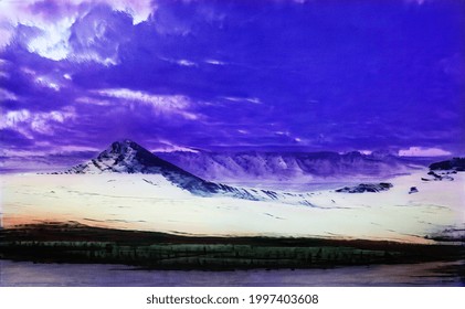 A Snow-covered Volcano. Oil Painting On Canvas. The Painting Is Made In The Style Of Landscapes By Thomas Cole And Frederick Church. Contemporary Art.