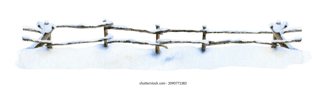 Snow-covered wooded fence with snowdrifts hand drawn in watercolor isolated on a white background. Watercolor illustration.	
