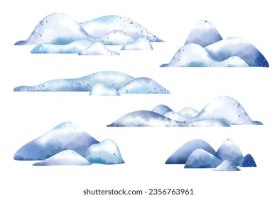 Snowdrift digital clipart set isolated white background Snowy hills winter illustration digital download Watercolor snow  capped mountains Christmas landscape image