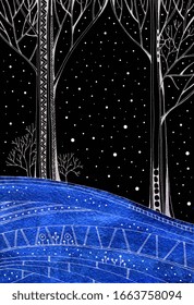 Snowfall in winter forest. White trees grow on blue hill. Night landscape. Hand drawn image.