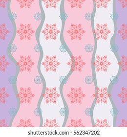 Snowflake seamless pattern. Flat design of pink and blue snowflakes isolated on wave background. Snowflakes pattern. Snowflakes background.