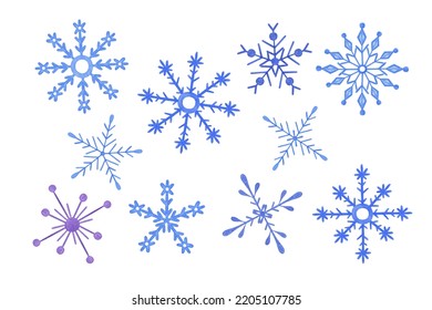 Snowflakes Set Christmas Winter Holidays Hand Drawn Symbol Of End Of The Year Family Celebration, Greeting Card Festive Mood Simple Illustration, Invitation, Clipart