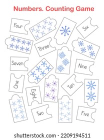 Snowflakes Winter Symbol, Puzzle Print And Cut Leaning Numbers, Watercolor Illustration, English Language Practice, Educational Game Worksheet, Teachers Resources