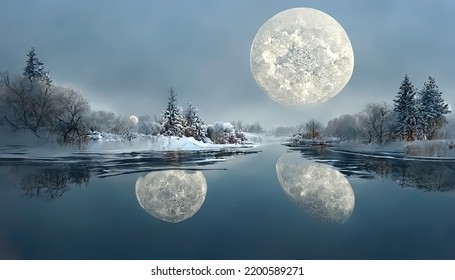 Snowing Over Full Moon Water Reflection 3d Digital Illustration