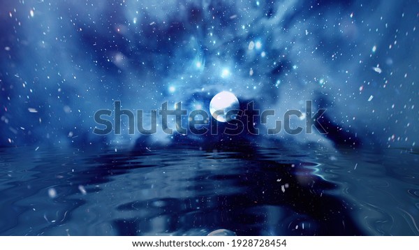 Snowing\
over Full Moon Water Reflection  3d\
illustration