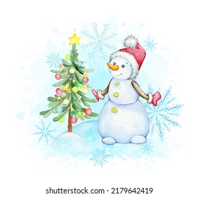 Snowman, Christmas Tree, Watercolor New Year's Clip Art, In Cartoon Style, But Isolated Background.