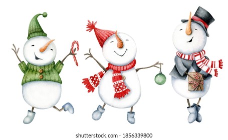 Snowman. Snowman Collection.Watercolor Illustration. Winter Holidays. Christmas Card.