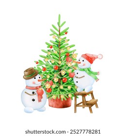 Snowman couple decorating Christmas tree with a light garland. Vintage style illustration. Winter season cozy decoration element. Christmas time indoor cozy decor with snowman on white background - Powered by Shutterstock