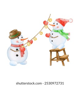 Snowman couple decorating with a light garland. Vintage style illustration. Hand drawn winter season cozy decoration element. Christmas time indoor cozy design decor with snowman on white background - Powered by Shutterstock