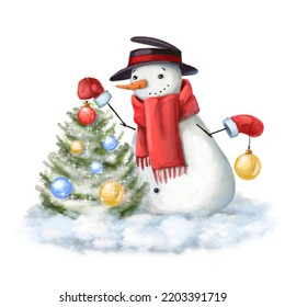 snowman with decorates a tree watercolor holiday illustration with cartoon character good for card and print design - Powered by Shutterstock