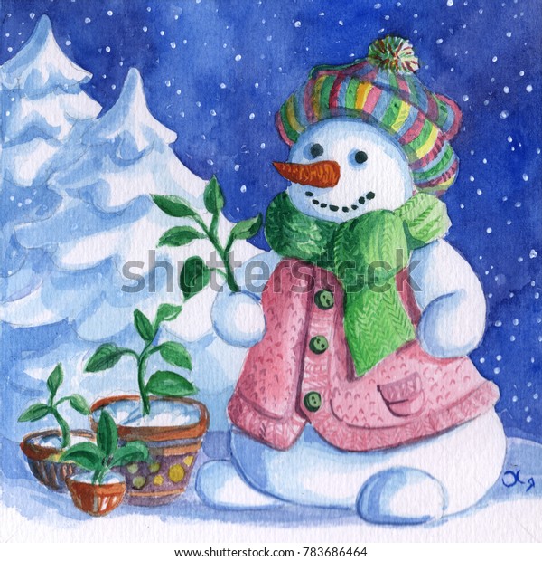 Snowman Gardener Garden Pot Snow Forest Stock Illustration 783686464