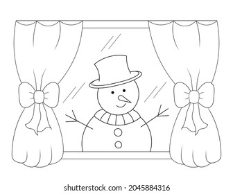 snowman and hat looking through window  curtains and big bows   easy shapes for coloring  simple outline black   white coloring sheet for kids adults  you can print it 8 5x11 inch paper