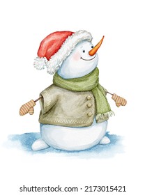 Snowman In A Hat, A Scarf And Mittens On Winter Snow Background. Watercolor Illustration. Christmas Card