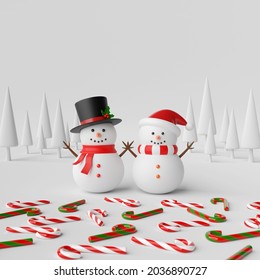 Snowman In Pine Forest With Candy Cane On Snow Ground, 3d Illustration