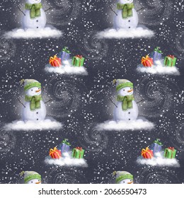 snowman and presents seamless pattern, watercolor style background, holiday wallpaper good for print and fabric design