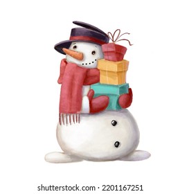 snowman with presents watercolor illustration with cartoon character good for card and print design