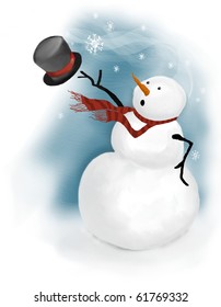 snowman is surprised windy day when gust wind blows his top hat away