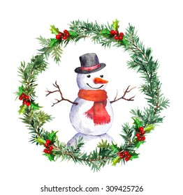 Snowman In Top Hat And Red Scarf. Vintage Christmas Garland With Spruce Branch. Watercolor