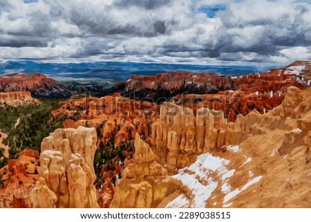 A snowy Bryce Canyon overlook captured in a digital image with watercolor-style painting effects
