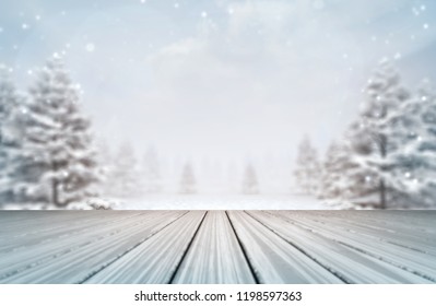 Snowy Forest With Wooden Deck At Daylight, Winter Nature 3D Scene Editable Background Illustration