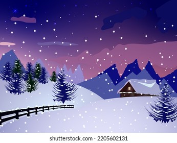 Snowy Mountain Night Landscape Illustration