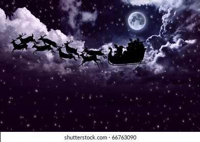 Snowy Night Sky With Santa Sleigh