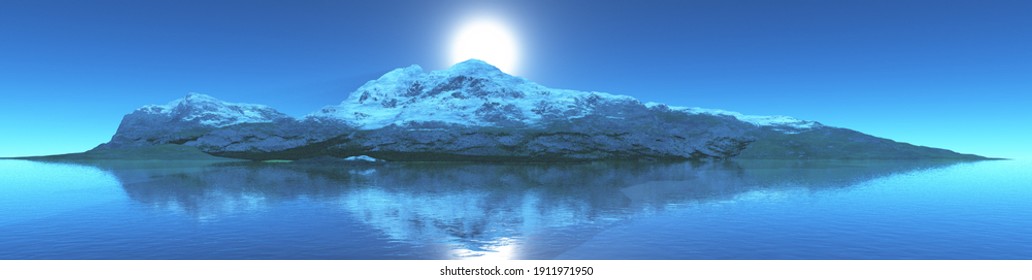 Snowy peak in the ocean at sunset, panorama of a rocky island at moonrise, mountain island in the sea, seascape, 3D rendering