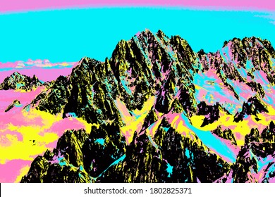 Snowy Peaks And Mountains Viewed From The Aiguille Du Midi, Near Chamonix. A Famous Ski Resort In The French Alps. Blacklight Poster Filter.