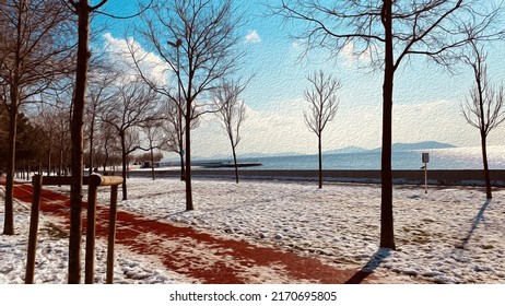 Snowy Place, Sunny Day, Tree Line And Seaside, Illustration, Oil Painting Effect