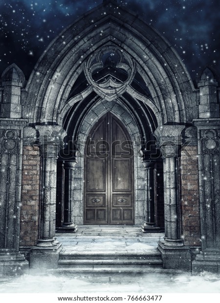 夜の石造ゴシック門の雪景色 3dイラスト のイラスト素材