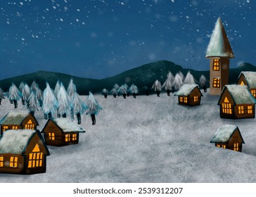 Snowy village scene with cozy cottages, glowing windows, and a tall tower background. Snowy landscape, snowy trees, and a snowy sky create a winter wonderland. Winter landscape background.  - Powered by Shutterstock