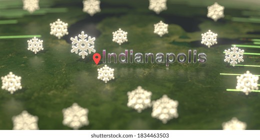 Snowy Weather Icons Near Indianapolis City On The Map, Weather Forecast Related  3D Rendering