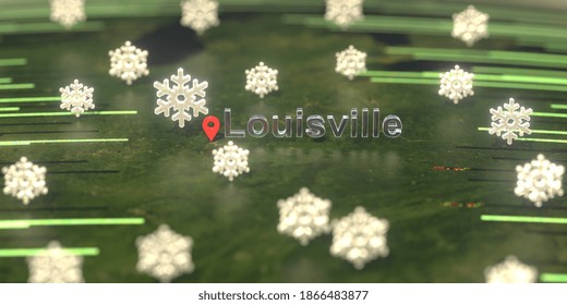 Snowy Weather Icons Near Louisville City On The Map, Weather Forecast Related  3D Rendering