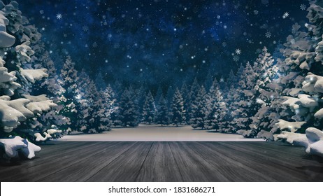 Snowy winter forest at stary night. Wooden deck as space for advertisement. Winter holiday season 3D illustration background. - Powered by Shutterstock