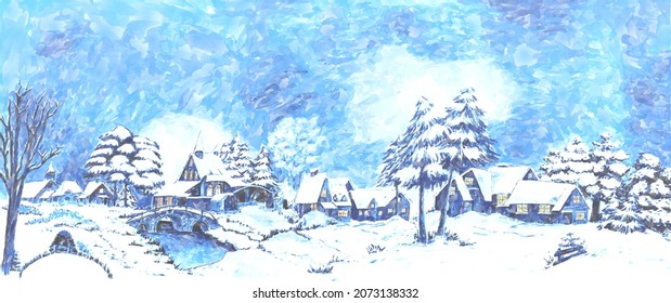 Snowy winter village landscape fairy-tale, watercolor painting sketch. Greeting card background. - Powered by Shutterstock