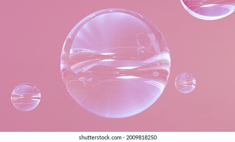 Soap bubble, ball, sphere on bright  backdrop -3D render. Abstract geometric background for presentations,holidays, wallpapers. Funny childish illustration with shiny multicolored transparent bubbles.