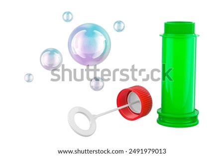 Soap Bubble Bottle with bubble wand and soap bubbles, 3D rendering isolated on the white background