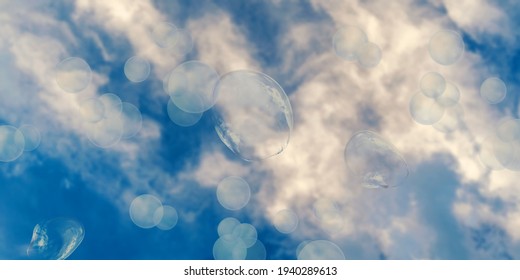 Soap bubbles in the air. Clouds in the sky. 3D rendering
