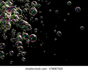 Soap bubbles on black background. 3d render illustration
