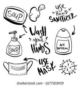 Soap foam, mask, sanitizer, soap, coronavirus bacterium, text wash hands set medical cute doodle outline digital art. Print for banners, posters, web, stickers, posts, paper, cards.