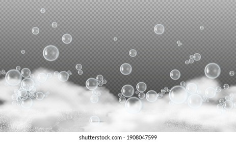 Soap Foam. White Suds, Shiny Water Bubbles. Shampoo Or Shower Gel Lather Isolated On Background. Realistic Foam Background