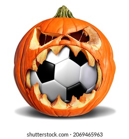 Soccer Autumn Concept As A Pumpkin Jack O Lantern Biting Into A Leather Ball As A Symbol For Halloween Sports And Fall Sporting Events With 3D Elements On A White Background.