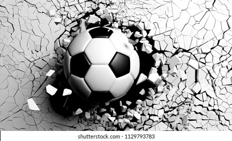 Soccer Ball Breaking With Great Force Through A White Wall. 3d Illustration.