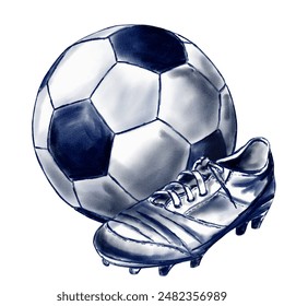 Soccer ball and children's shoes. Football boot next to the ball. Watercolor illustration in blue. - Powered by Shutterstock