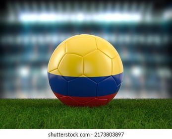 Soccer Ball Colombia Flag On A Soccer Pitch. 3d Illustration.