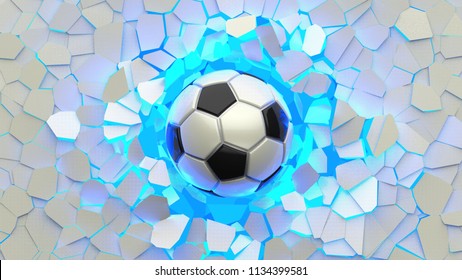 Soccer Ball Crash Blue Lighting White Wall. The Wall Was Cracked. 3D Illustration. 3D High Quality Rendering.