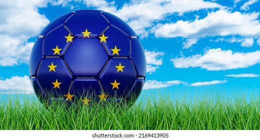 Soccer Ball With The EU Flag On The Green Grass Against Blue Sky, 3D Rendering