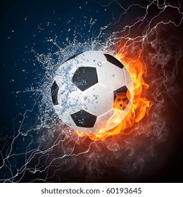 Soccer ball in fire and water. Illustration of the soccer ball enveloped in elements on black background. High resolution soccer ball in fire and water image for a soccer game poster.